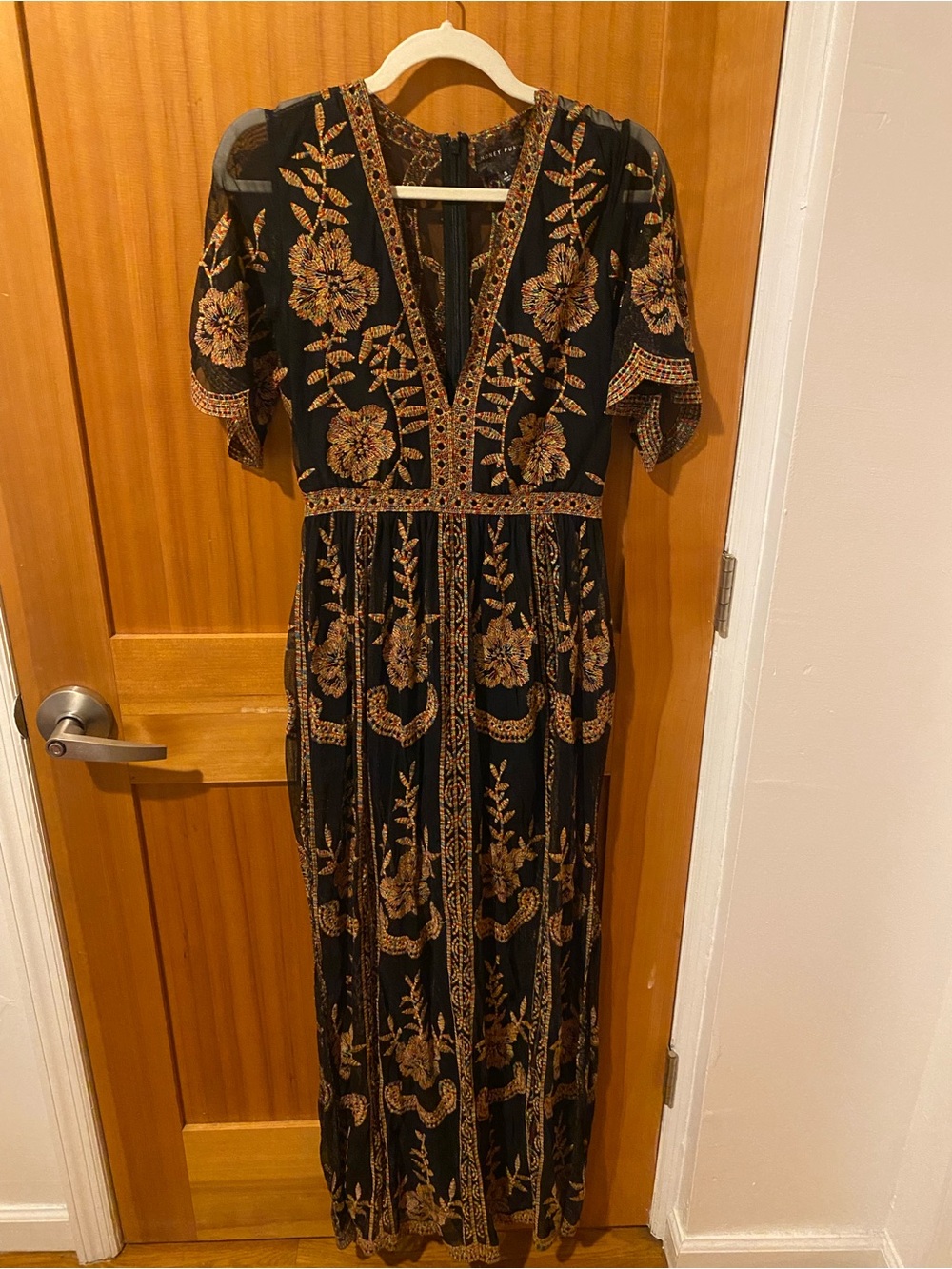 Embroidered V-Neck Black Dress with Colorful Floral Detail